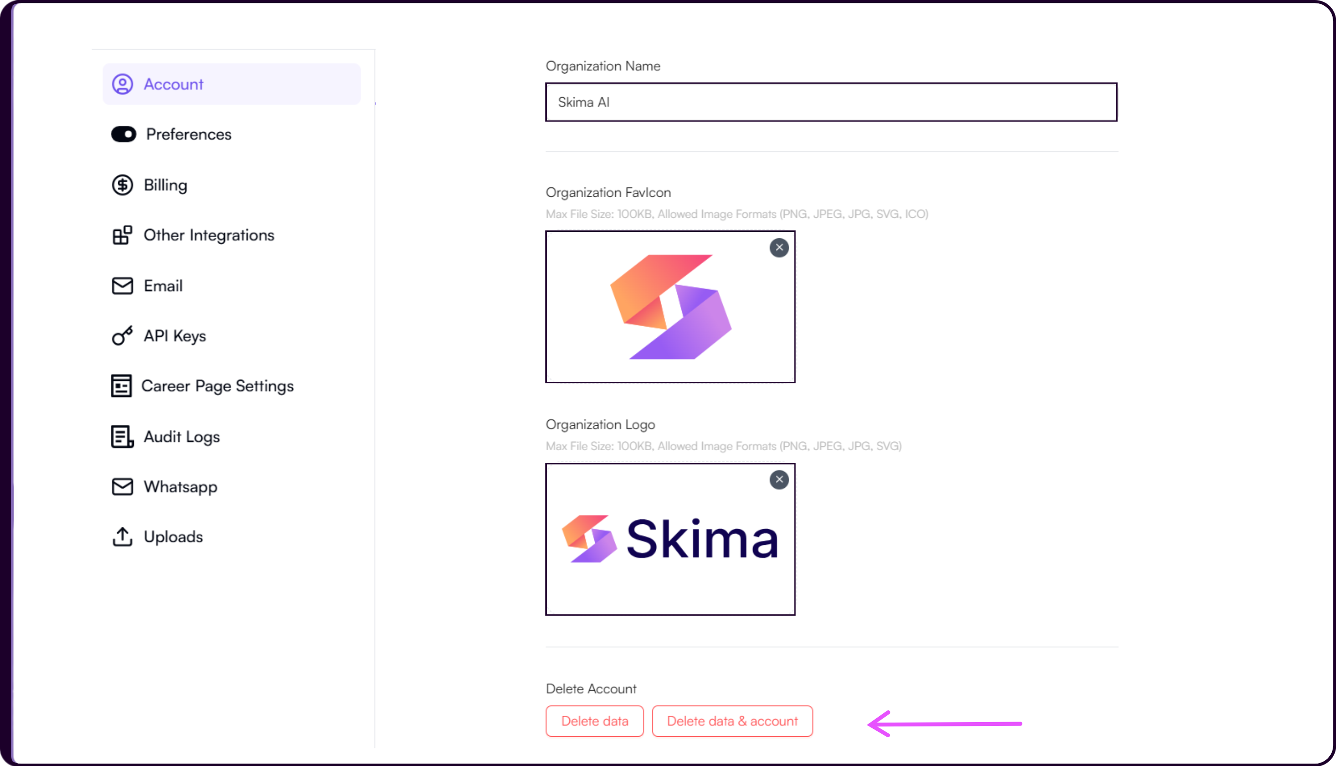 Organization settings showing organization name field and branding asset upload for favicon and logo