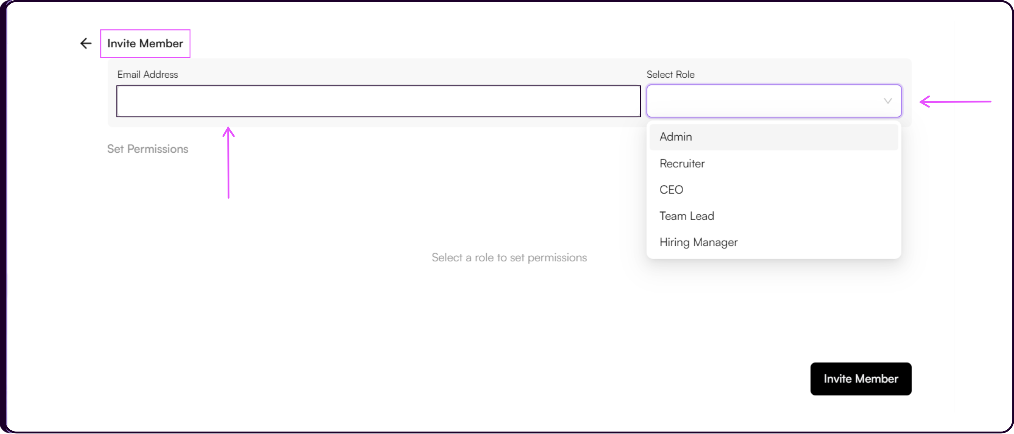 Invite Team Members form with email address field, role selector, and set permissions option