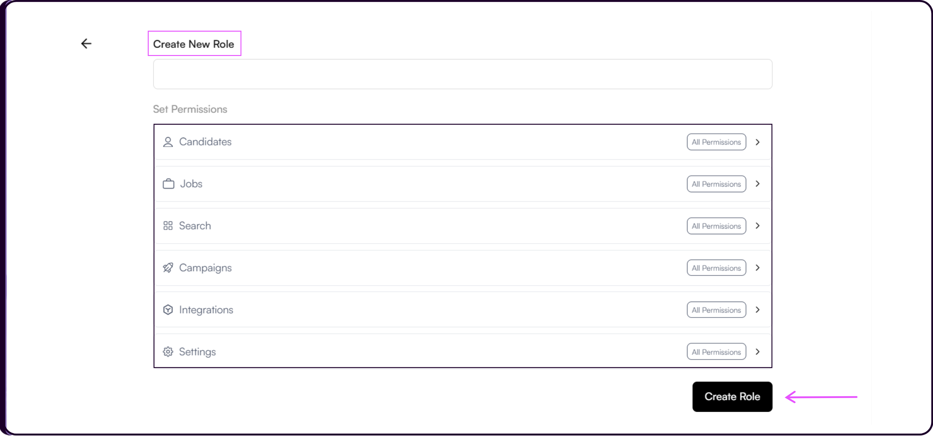 Create New Role form for configuring a custom role name and permissions in Skima AI