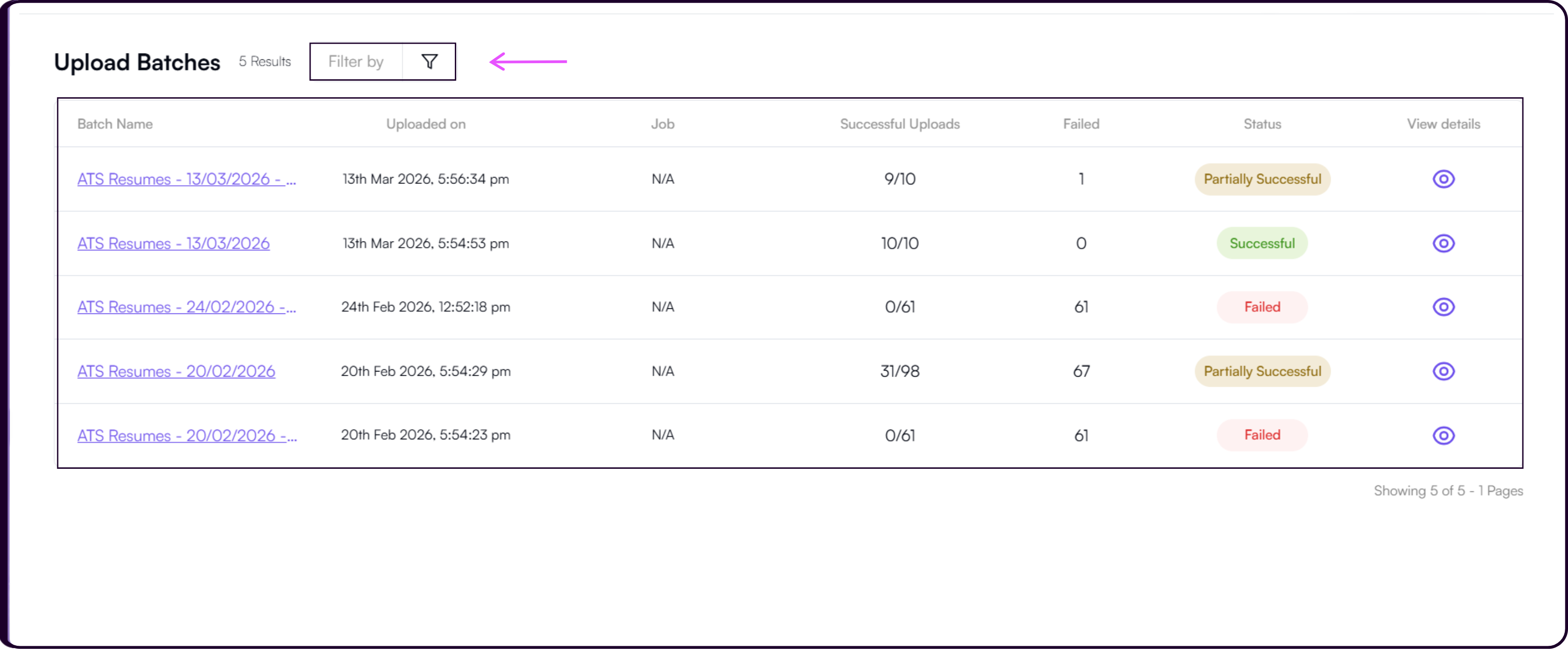Upload Batches table with filter options for status, client, and job along with batch name search
