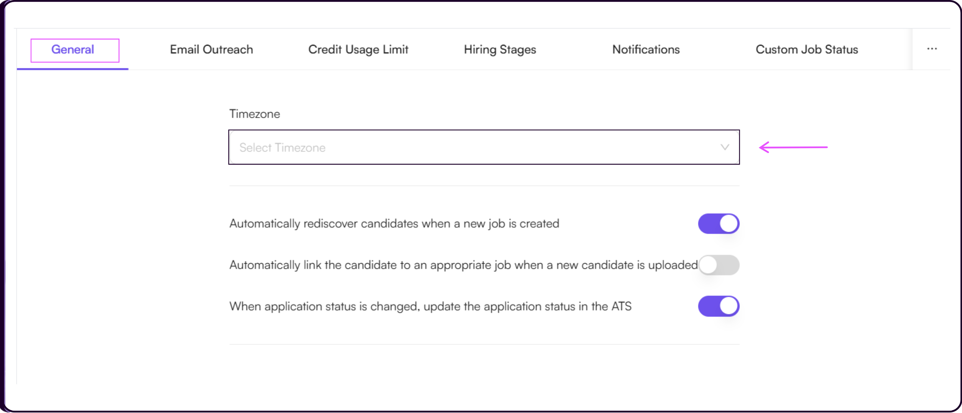 General settings page showing timezone selector and recruitment automation preference toggles