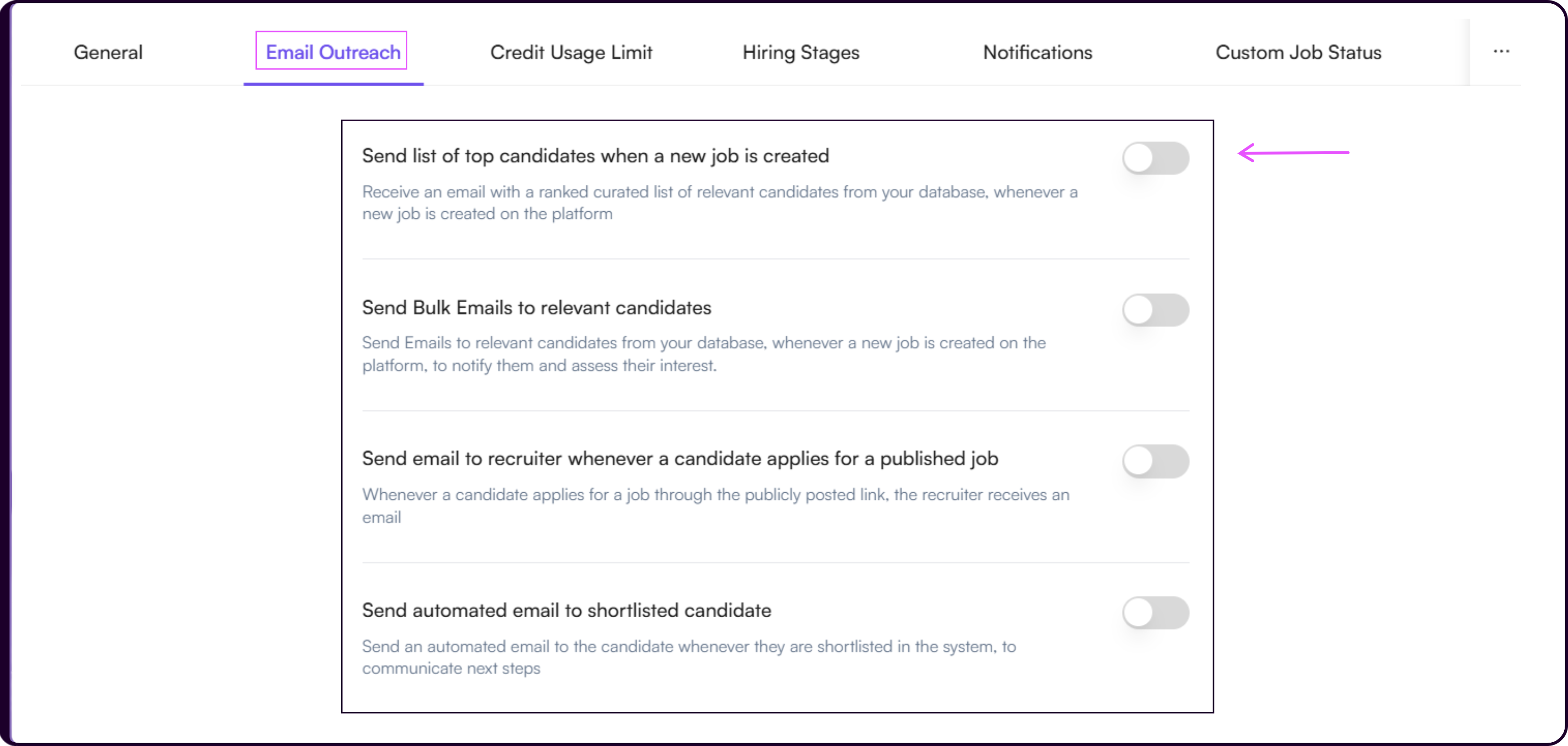 Email Outreach settings showing available email automation options for candidate and recruiter communication