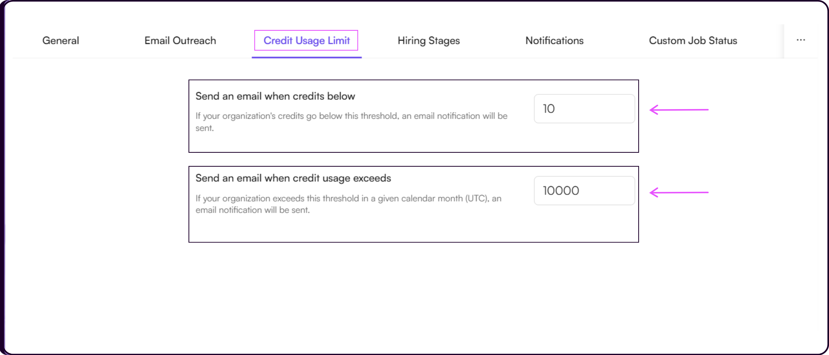 Credit Usage Limit settings with low credit alert threshold and high monthly usage alert threshold fields
