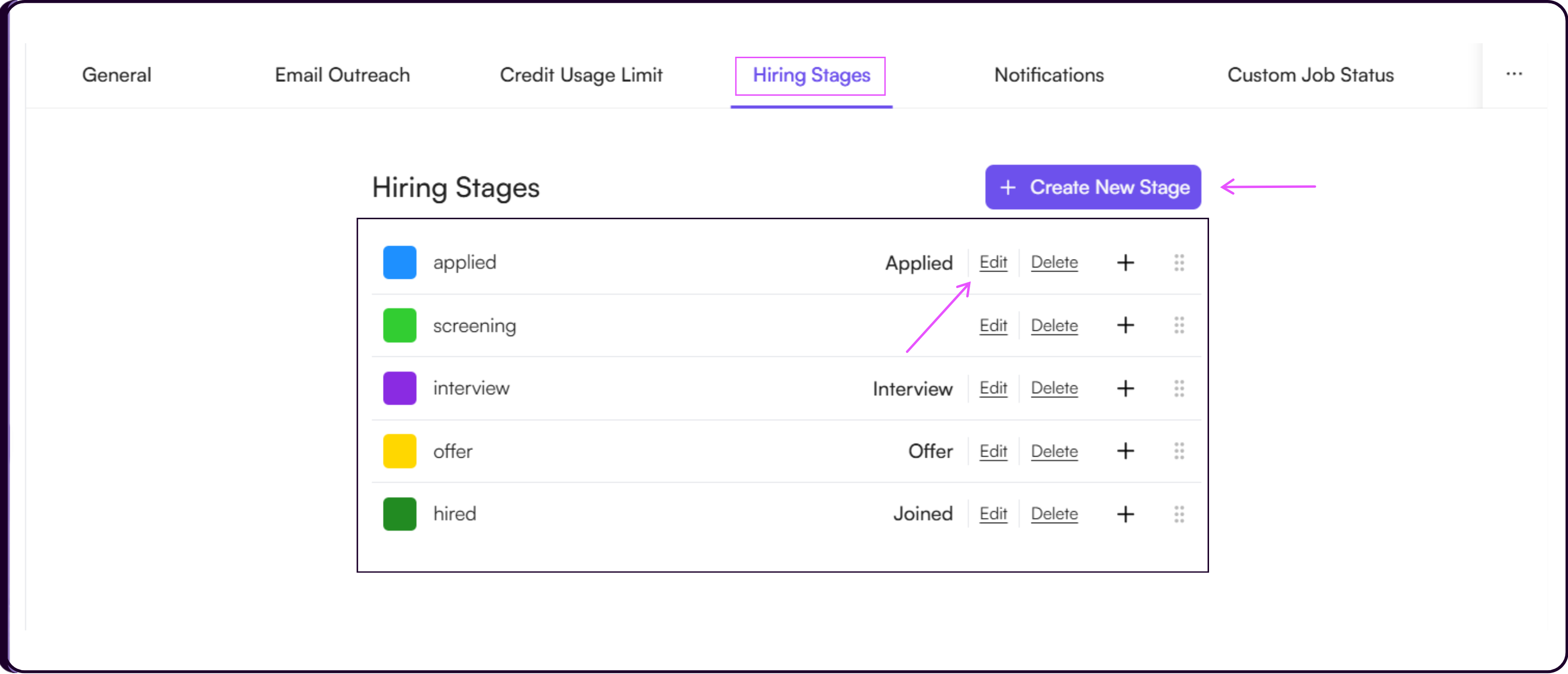 Edit Hiring Stage modal showing stage name, color, tracking stage, visibility, and job application settings