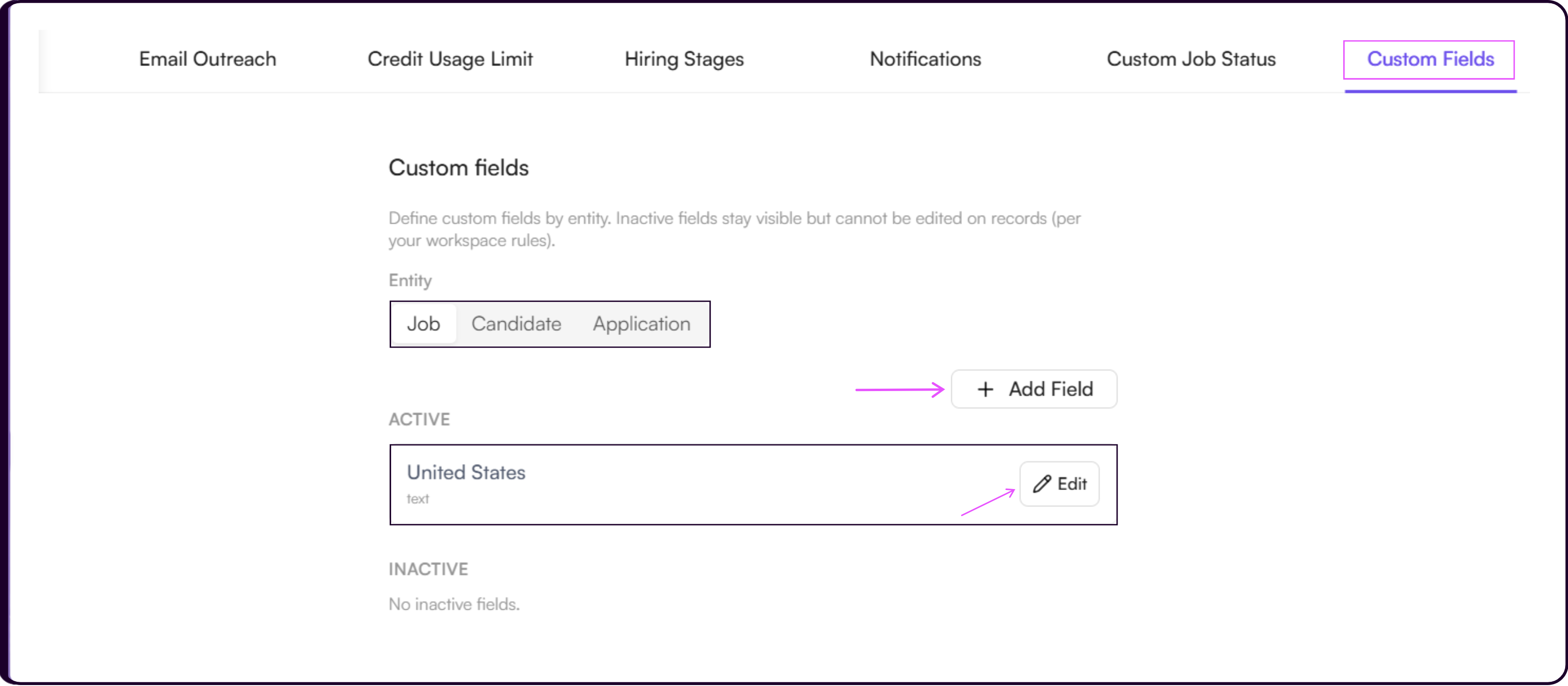 Edit Custom Field modal for updating existing custom field label, placeholder, and type configuration