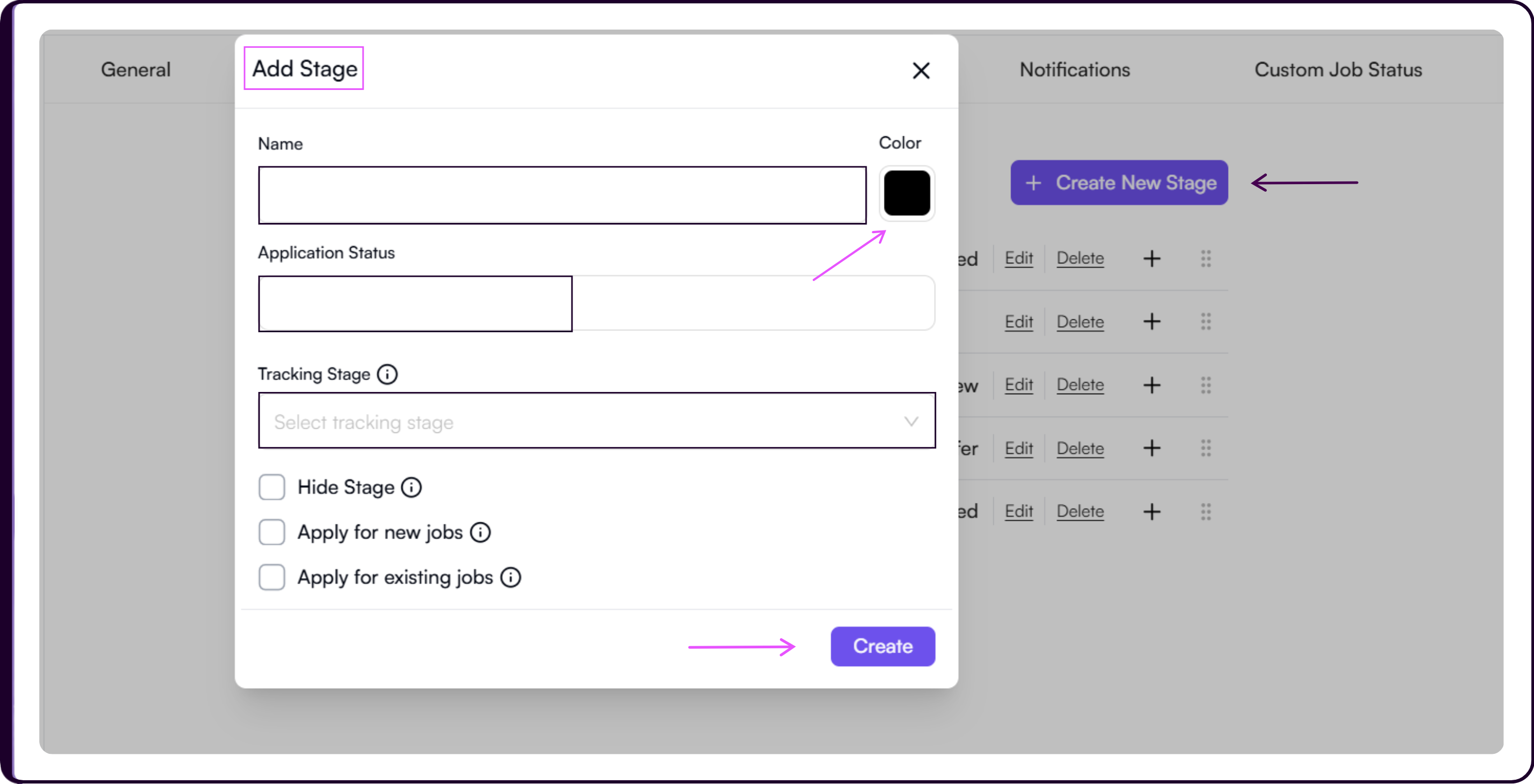 Add Hiring Stage modal with fields for stage name, color, application status, and tracking stage