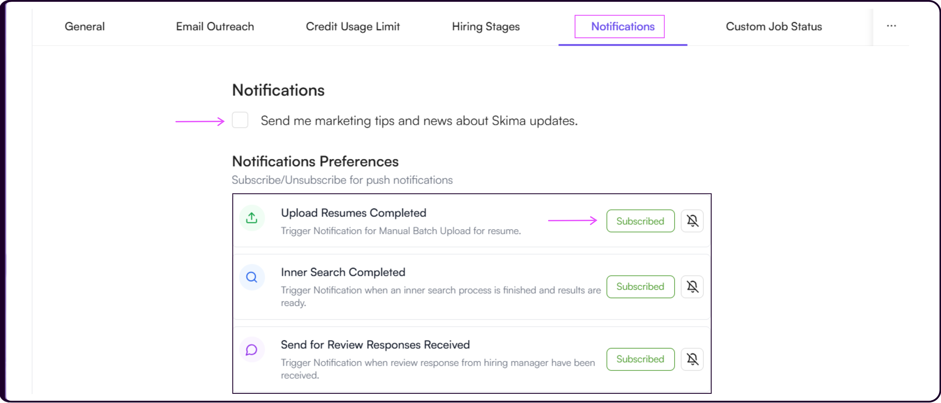 Notifications settings showing marketing notification checkbox and notification preferences section