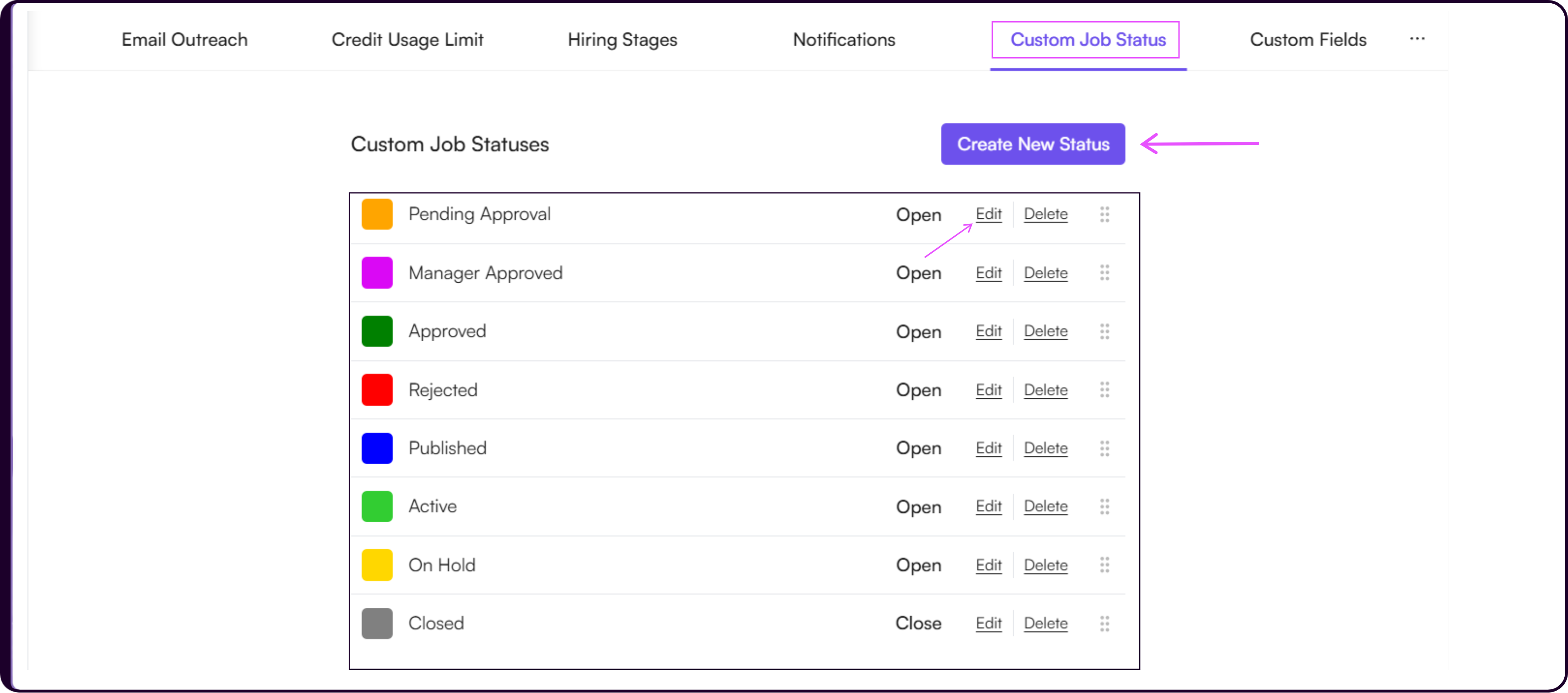 Edit Job Status modal showing status name, color, and analytics behavior configuration