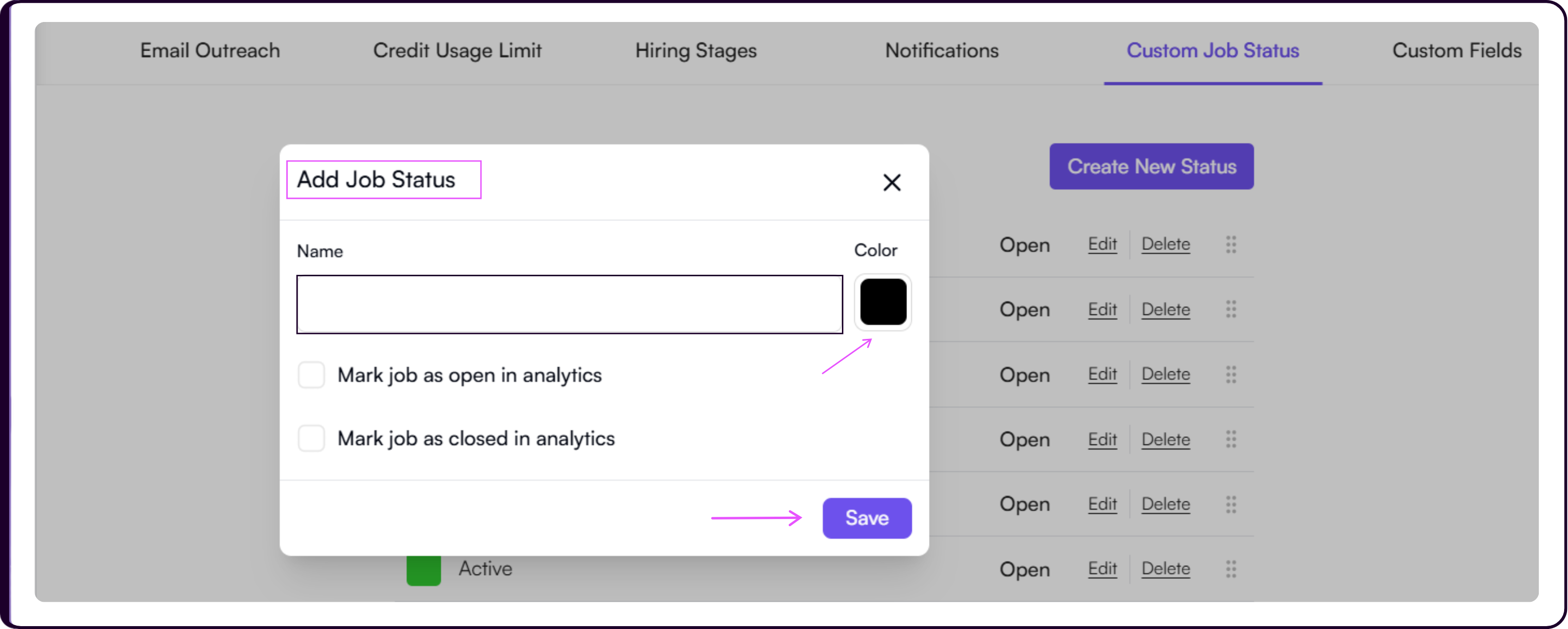 Add Job Status modal with name, color, and analytics toggle fields for open and closed job tracking