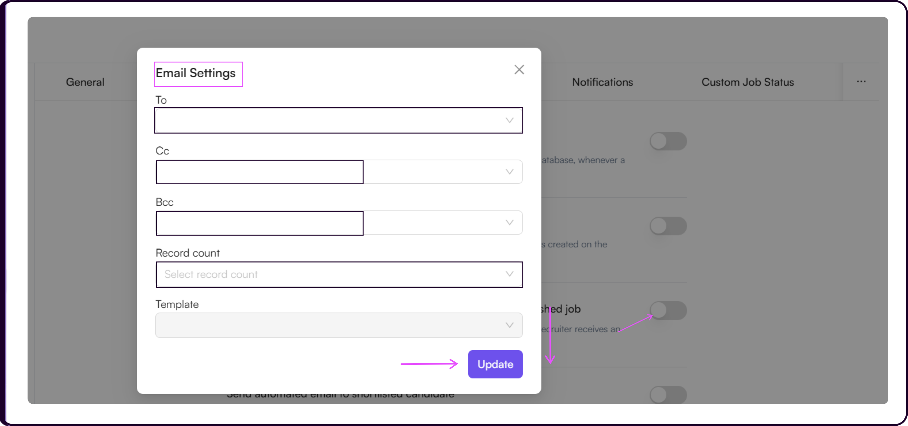 Email automation configuration panel with fields for To, CC, BCC, record count, and template selection