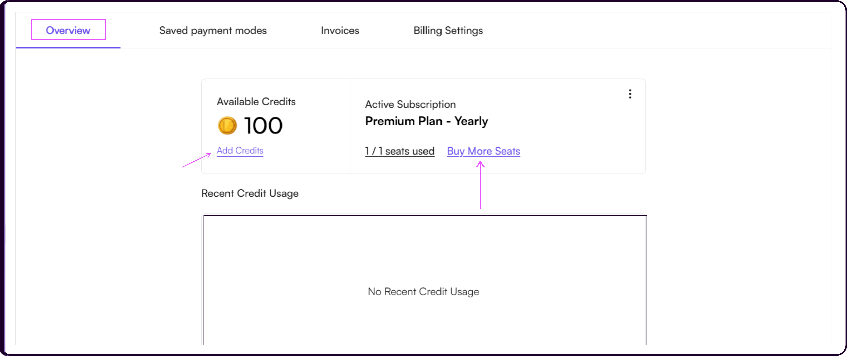 Billing Overview showing available credits, active subscription plan, and recent credit usage activity