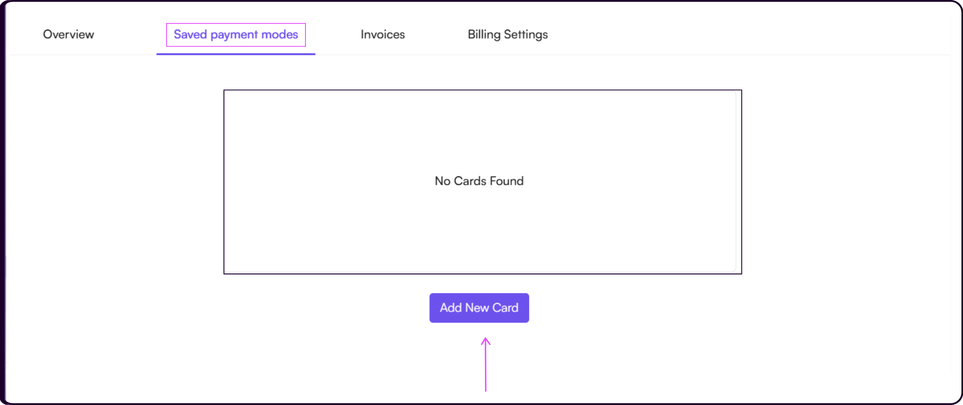 Saved Payment Modes page showing Add New Card option and existing saved payment cards