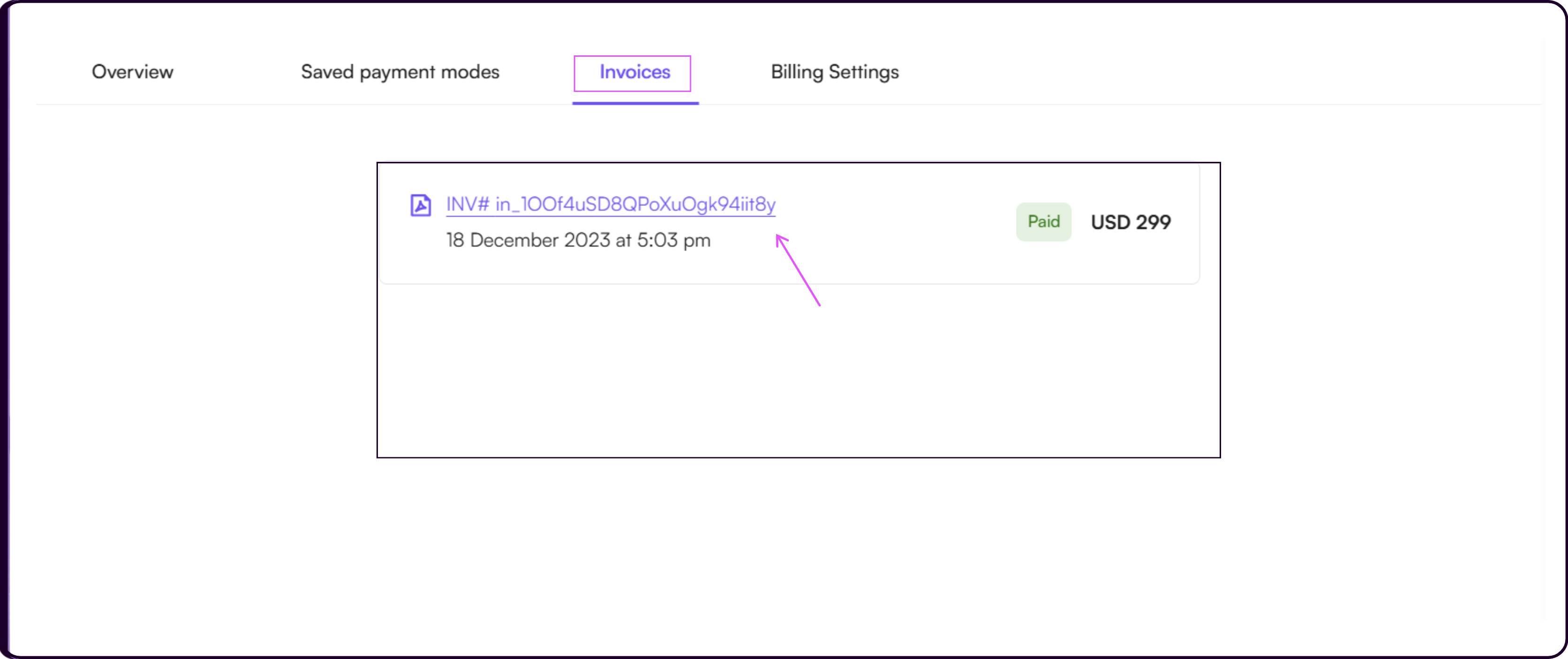 Invoices table showing payment history with download link, date, time, status, and amount columns
