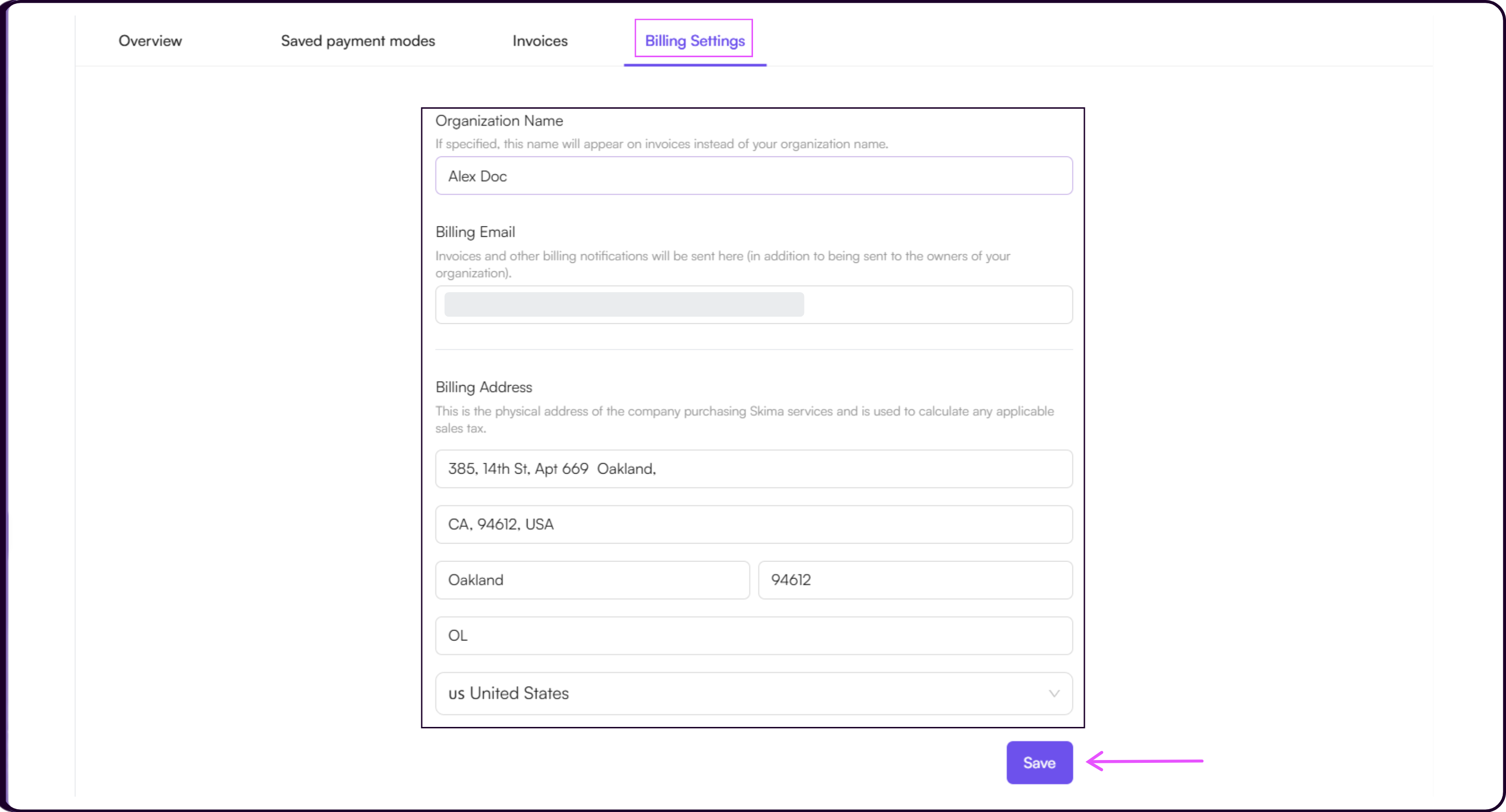 Billing Settings page with organization name, billing email, and billing address configuration fields