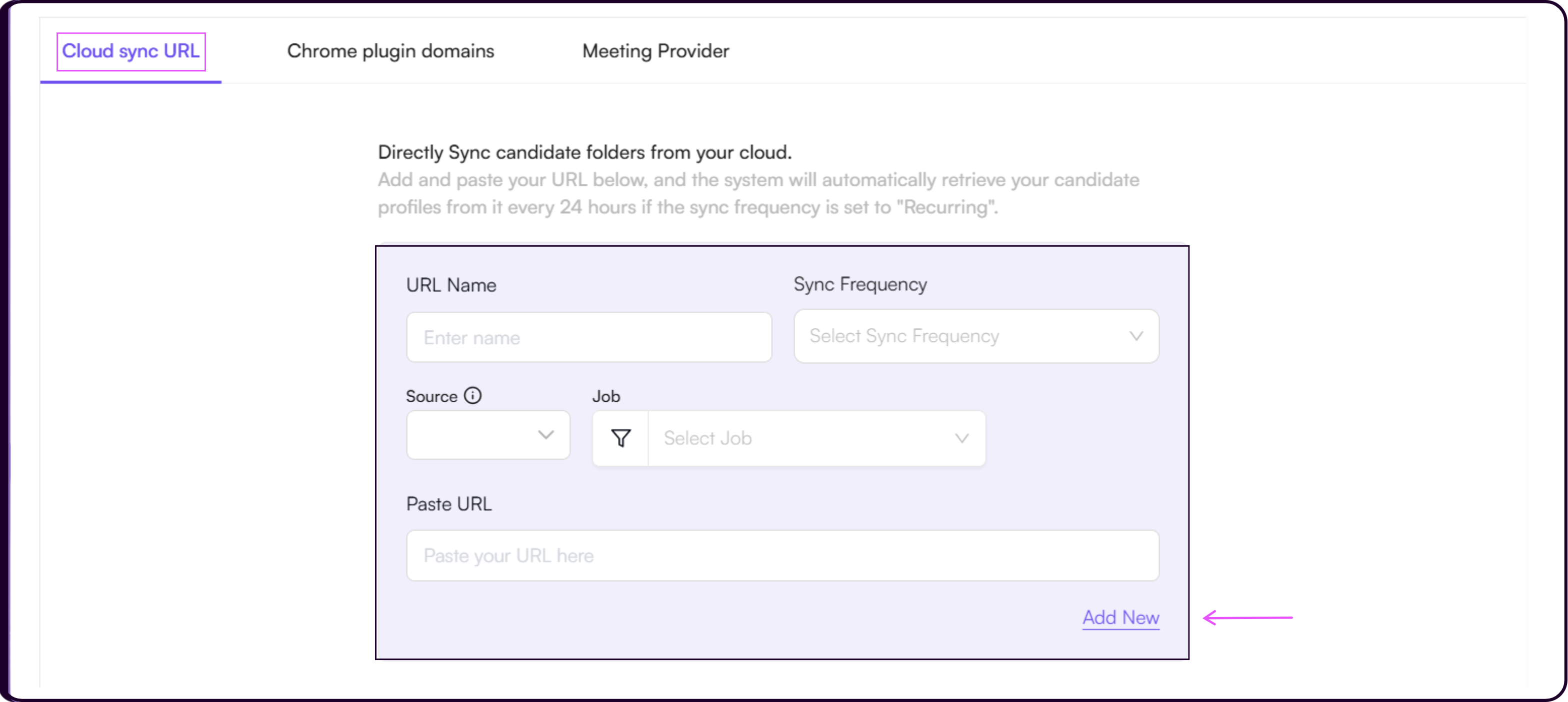 Cloud Sync URL configuration form with URL name, sync frequency, source, job, and paste URL fields