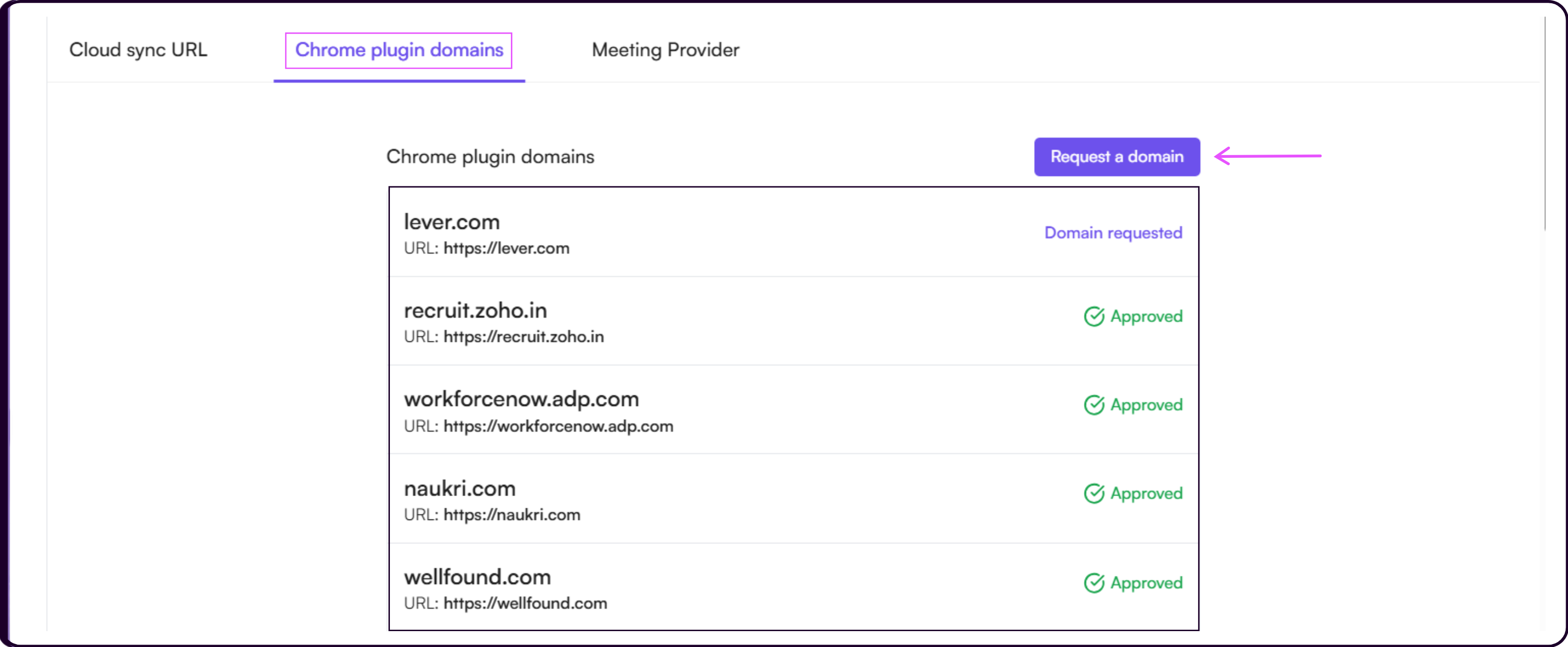 Chrome Plugin Domains table showing requested domains with Approved or Pending approval status
