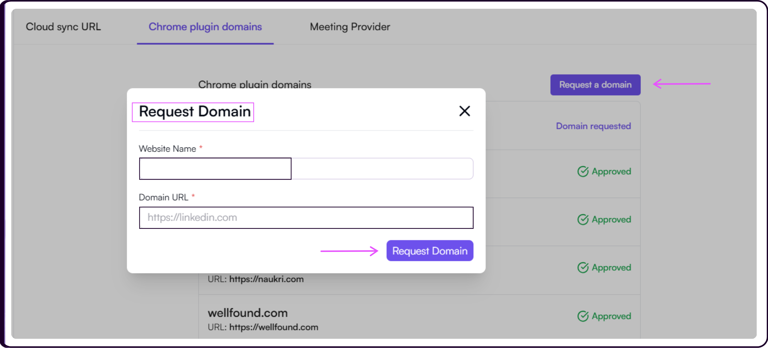 Chrome Plugin Domains section showing Request a Domain form with platform domain and URL fields