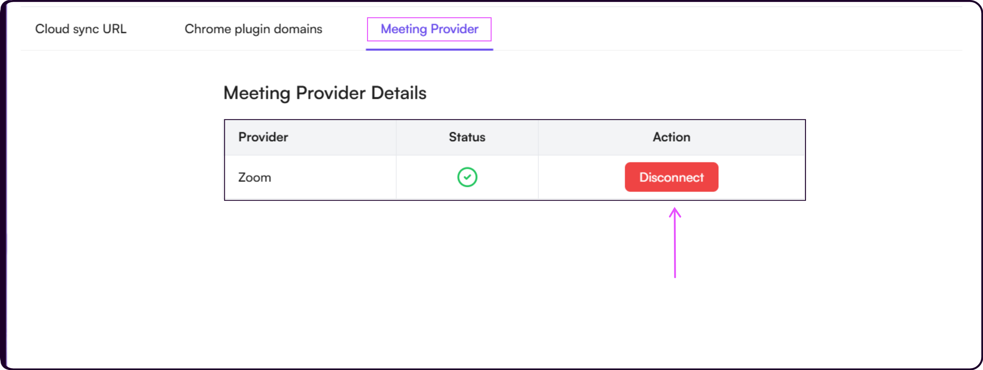 Meeting Provider settings showing Zoom row with red Disconnect button under the Action column