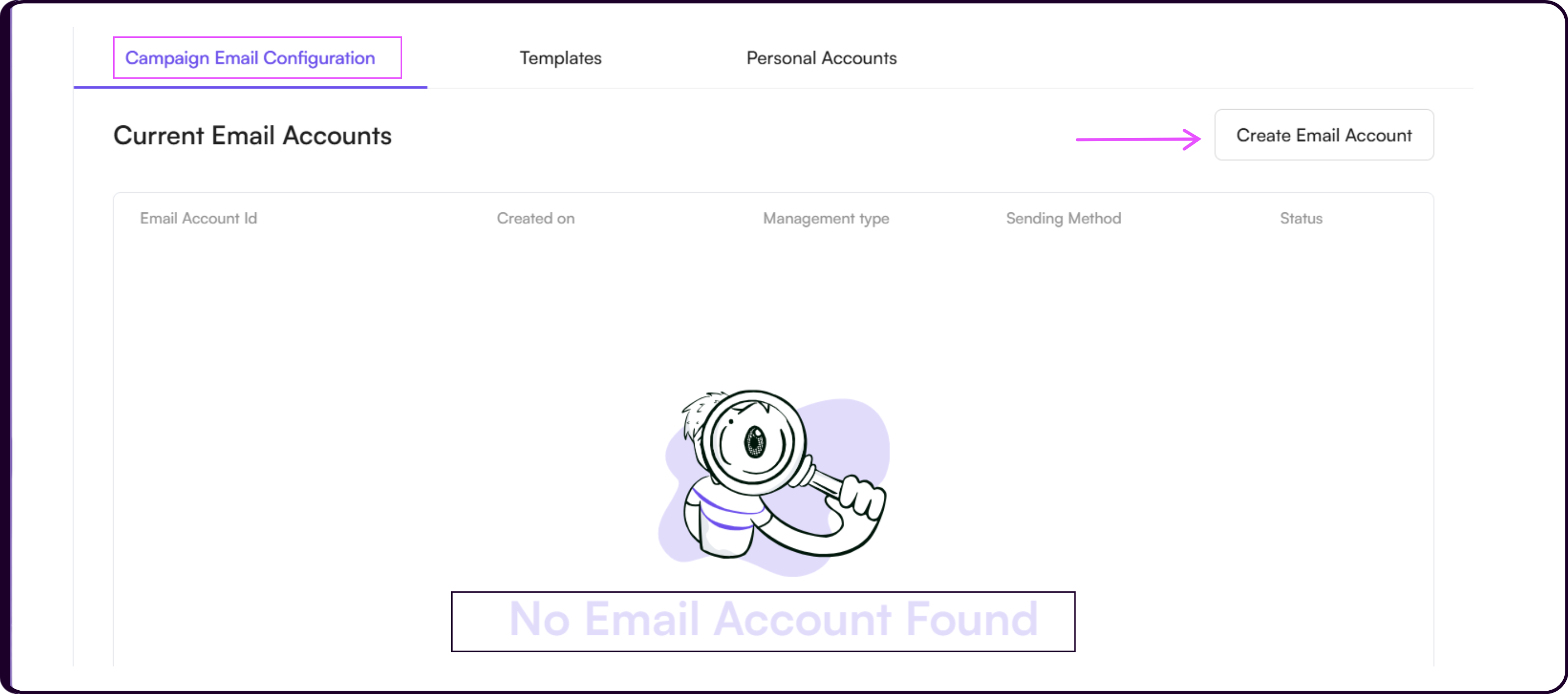 Campaign Email Configuration showing Current Email Accounts table with account ID, created date, management type, sending method, and status columns