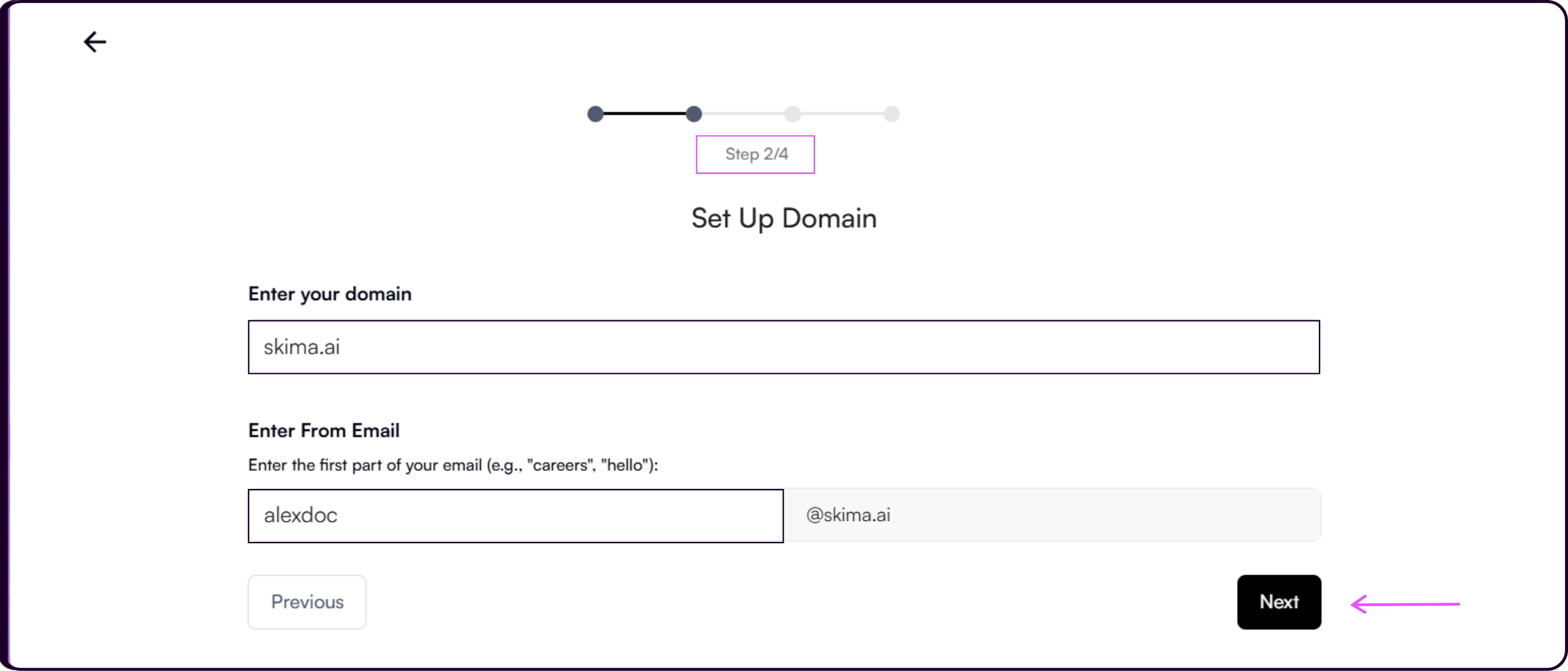 Email setup step 2 showing sending domain and from email address configuration for Skima AI Managed Sending