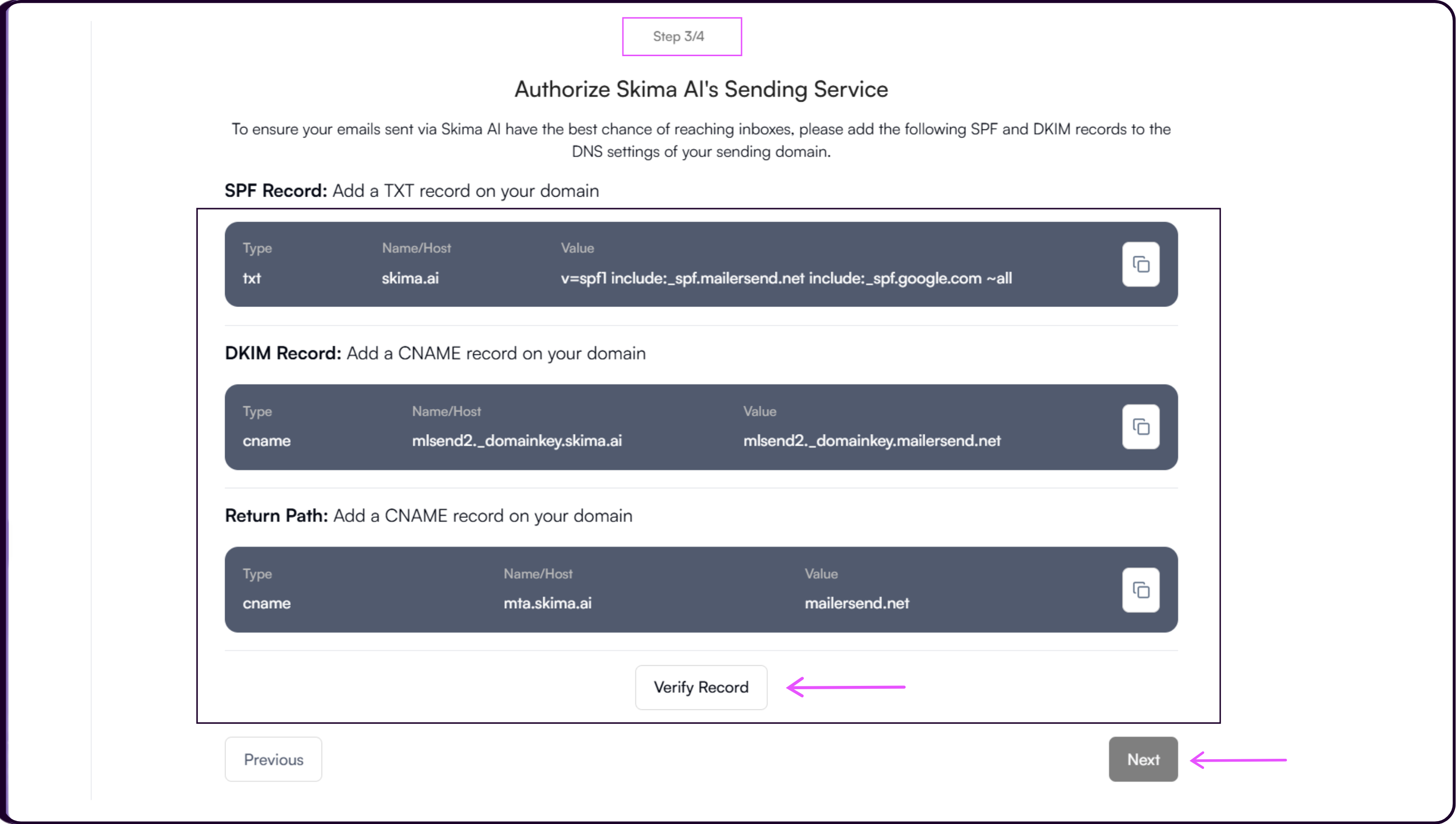 DNS authorization step showing SPF, DKIM, and Return Path record setup with Verify Record button