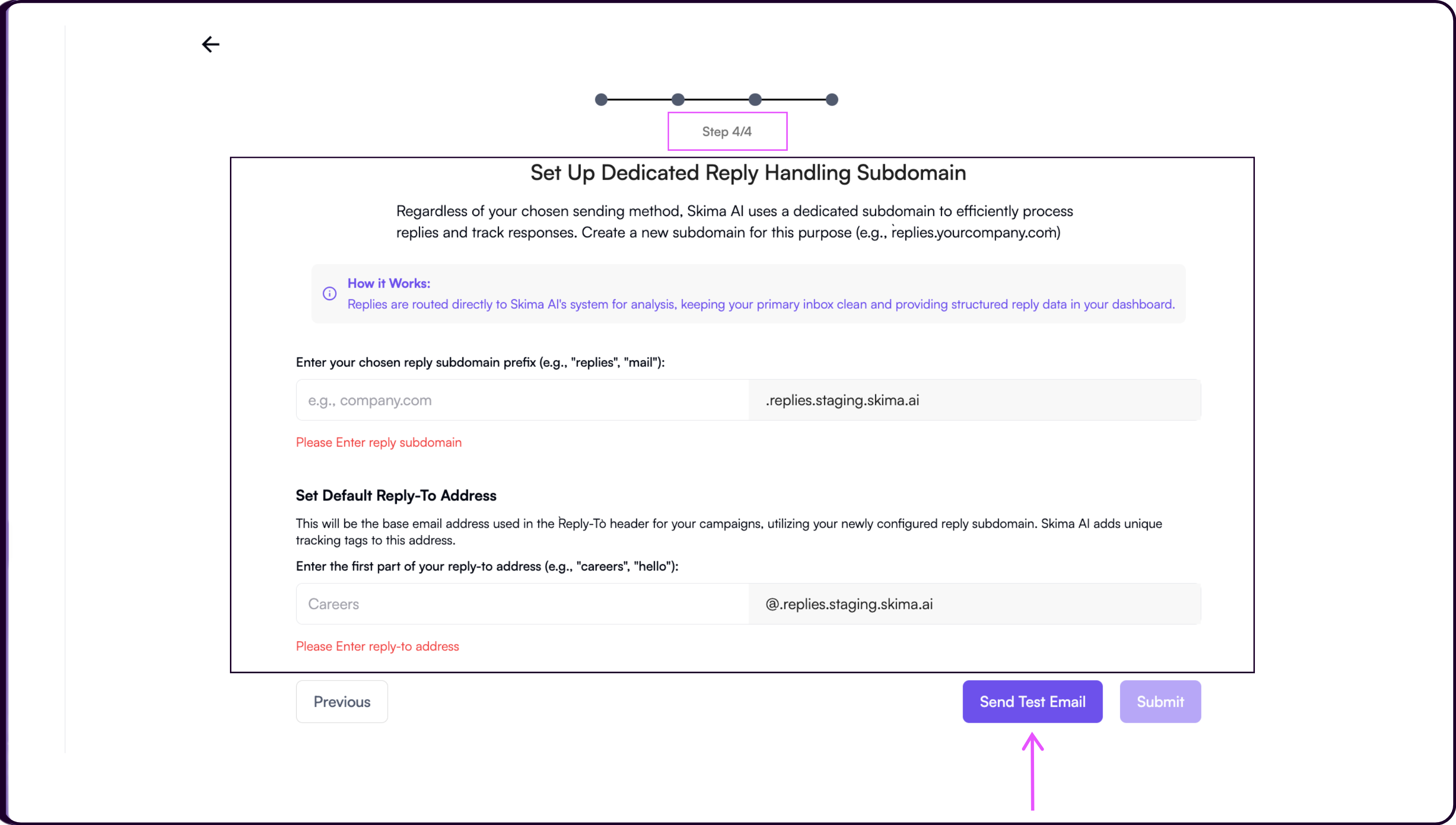 Reply handling configuration step showing reply subdomain and reply-to address fields with Send Test Email option