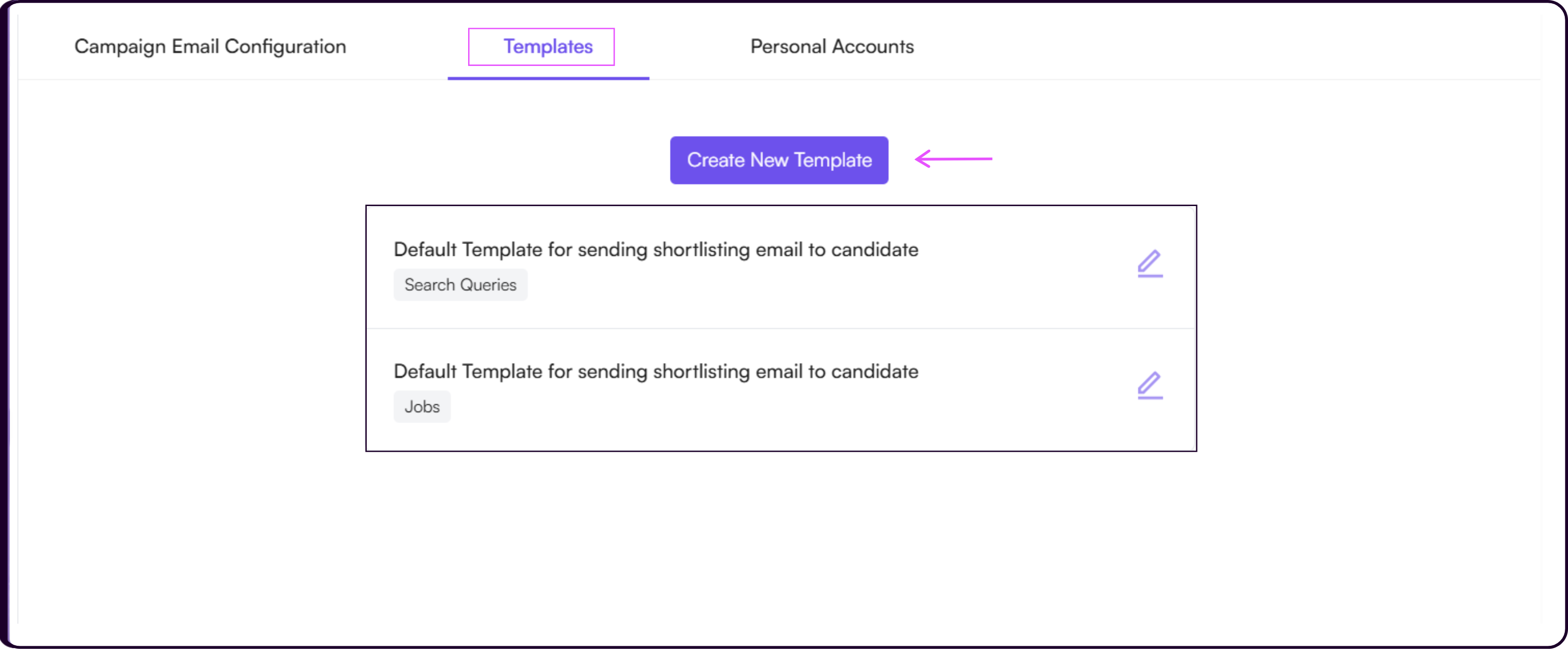 Create New Template form with template name, subject, and email body fields