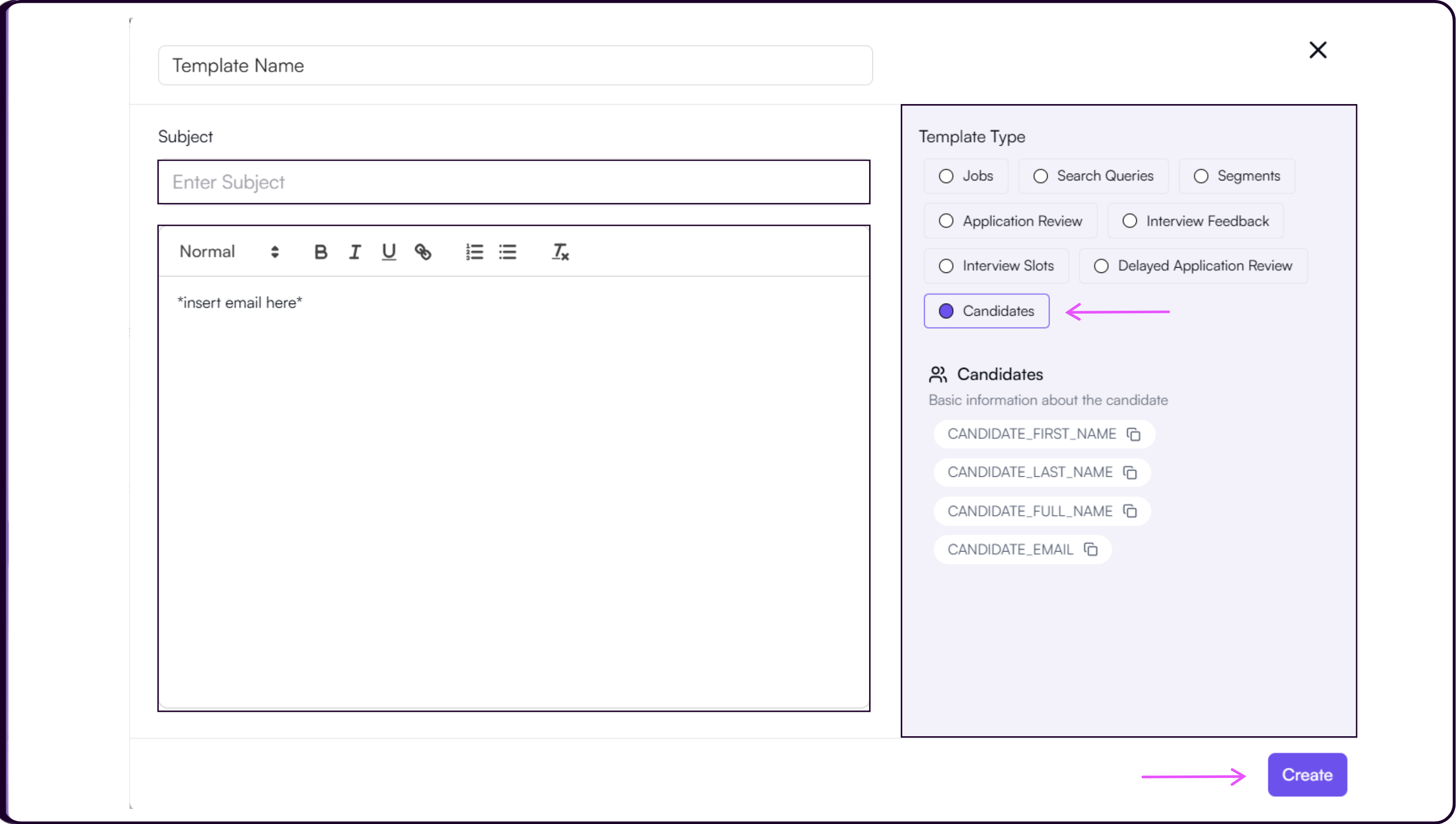 Email template configuration showing template type selector and dynamic variable insertion buttons