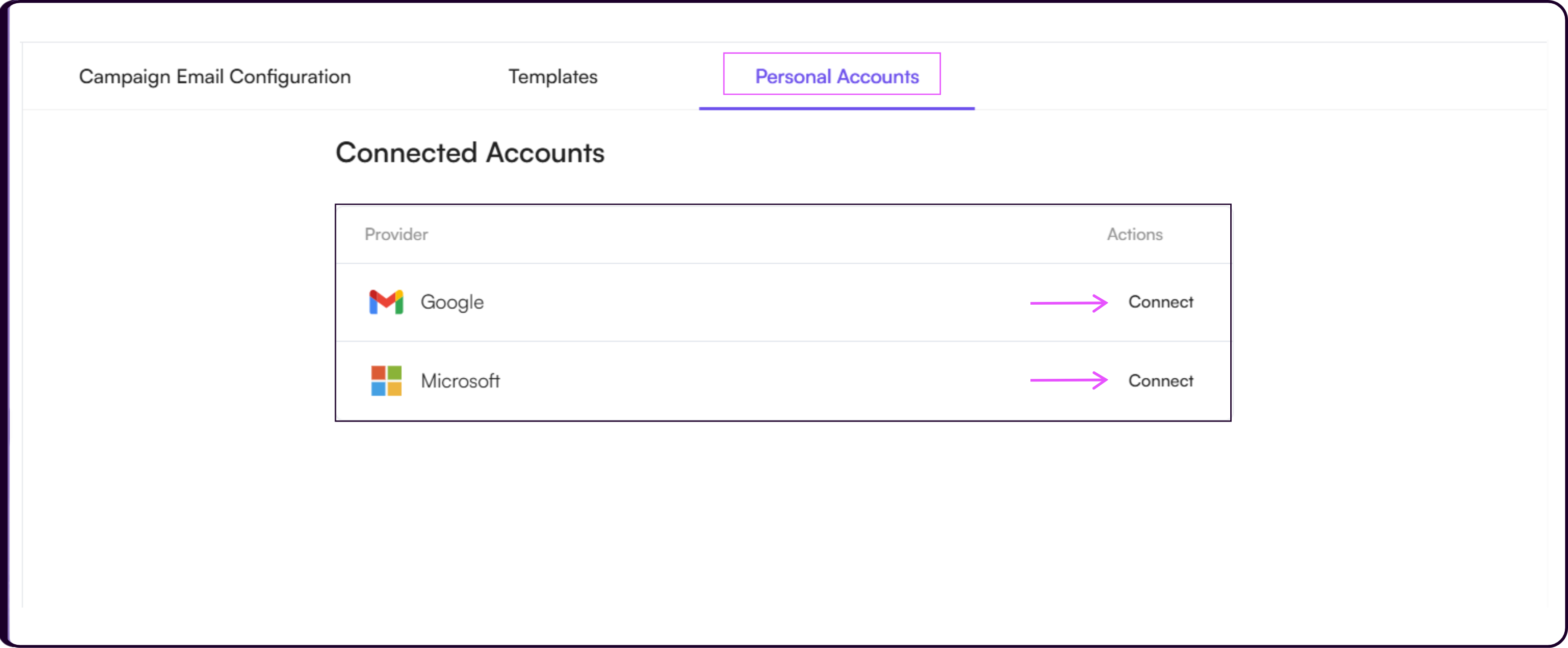 Personal Accounts settings showing Google and Microsoft email provider connection options