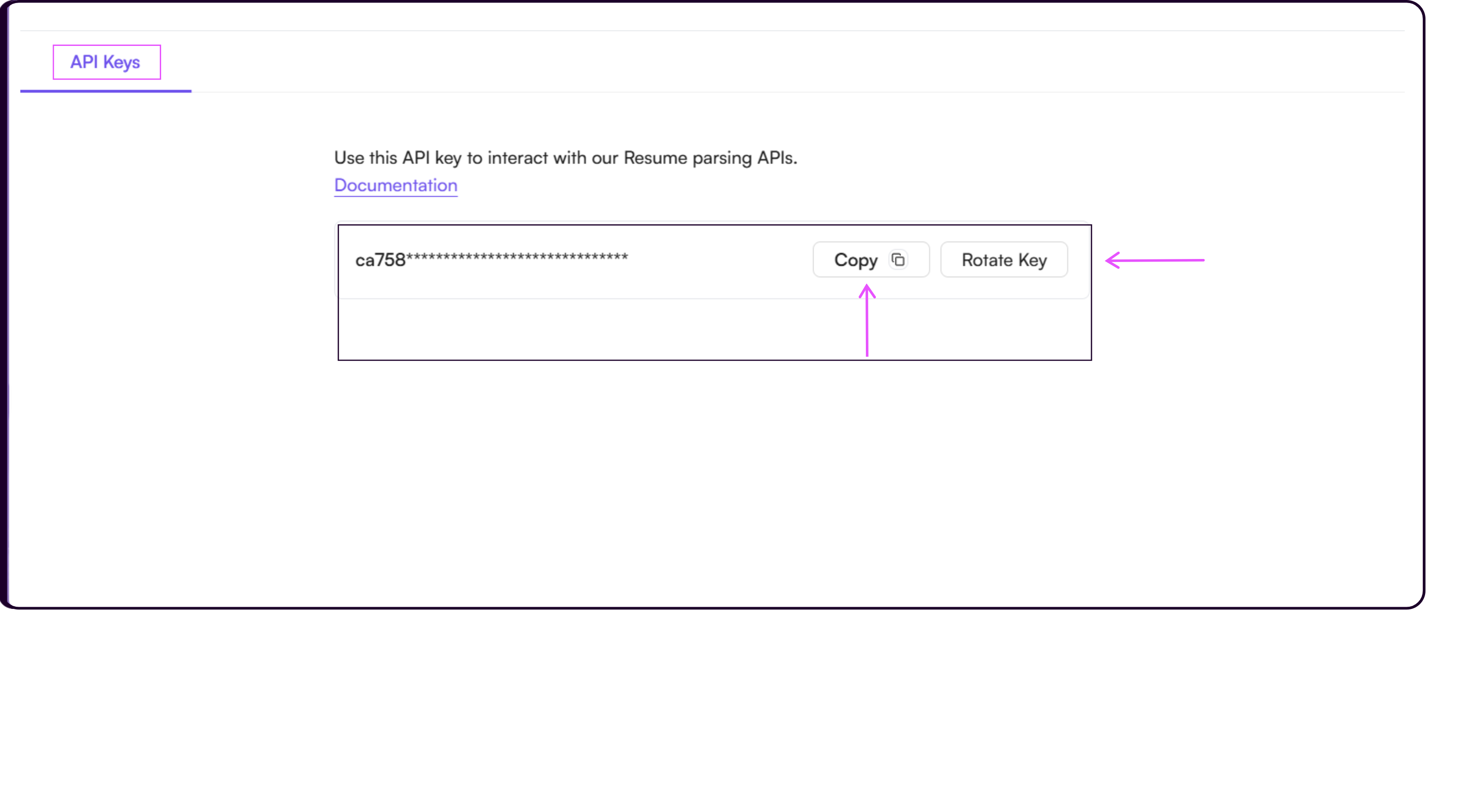 API Keys settings page showing the partially hidden API key with Rotate Key option