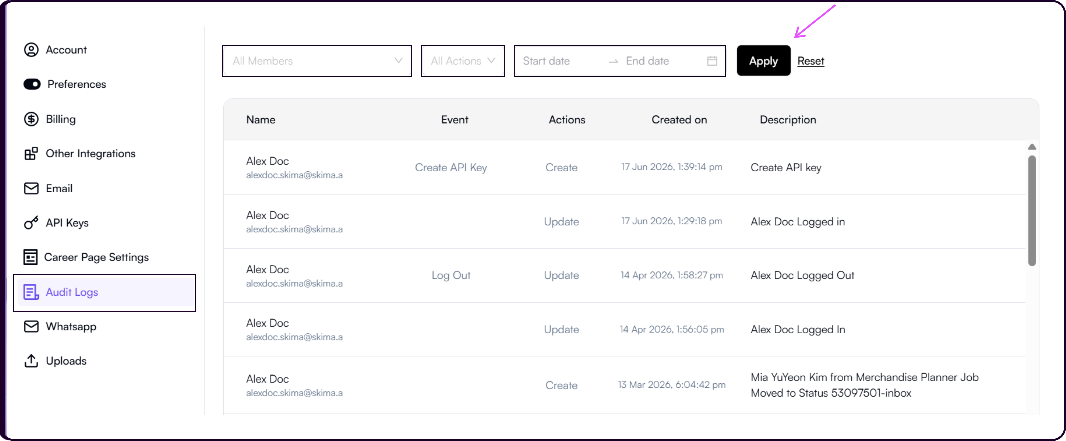 Audit Logs table with All Members and All Actions filters and date range picker for reviewing workspace activity