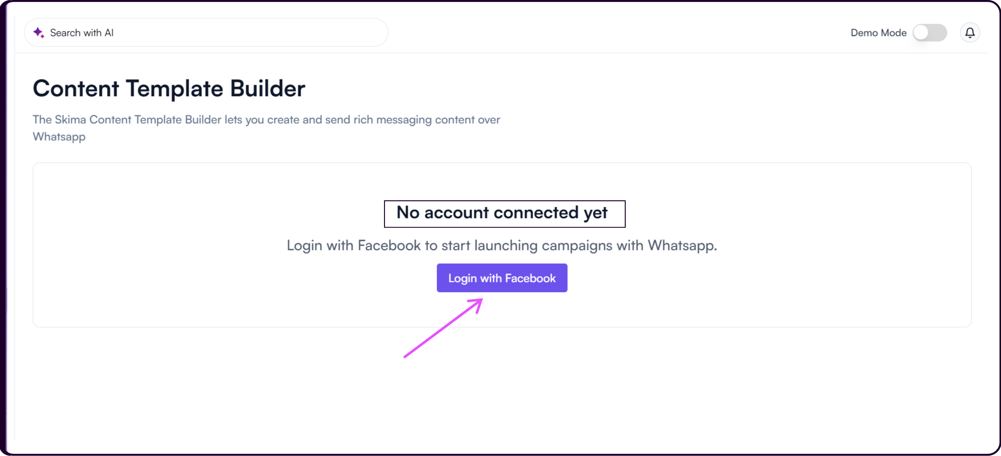 WhatsApp Content Template Builder empty state showing Login with Facebook button to connect Meta Business account