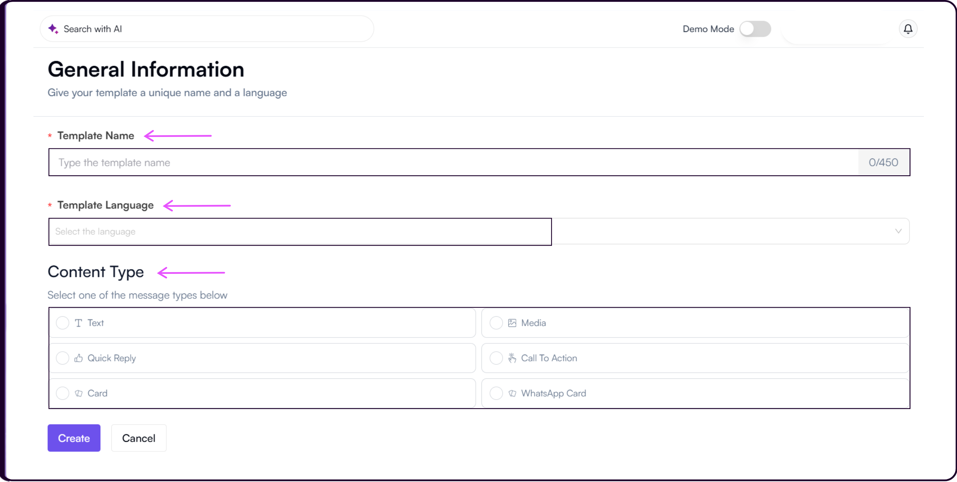 WhatsApp template creation form showing content type options including Text, Media, Quick Reply, Call To Action, Card, and WhatsApp Card