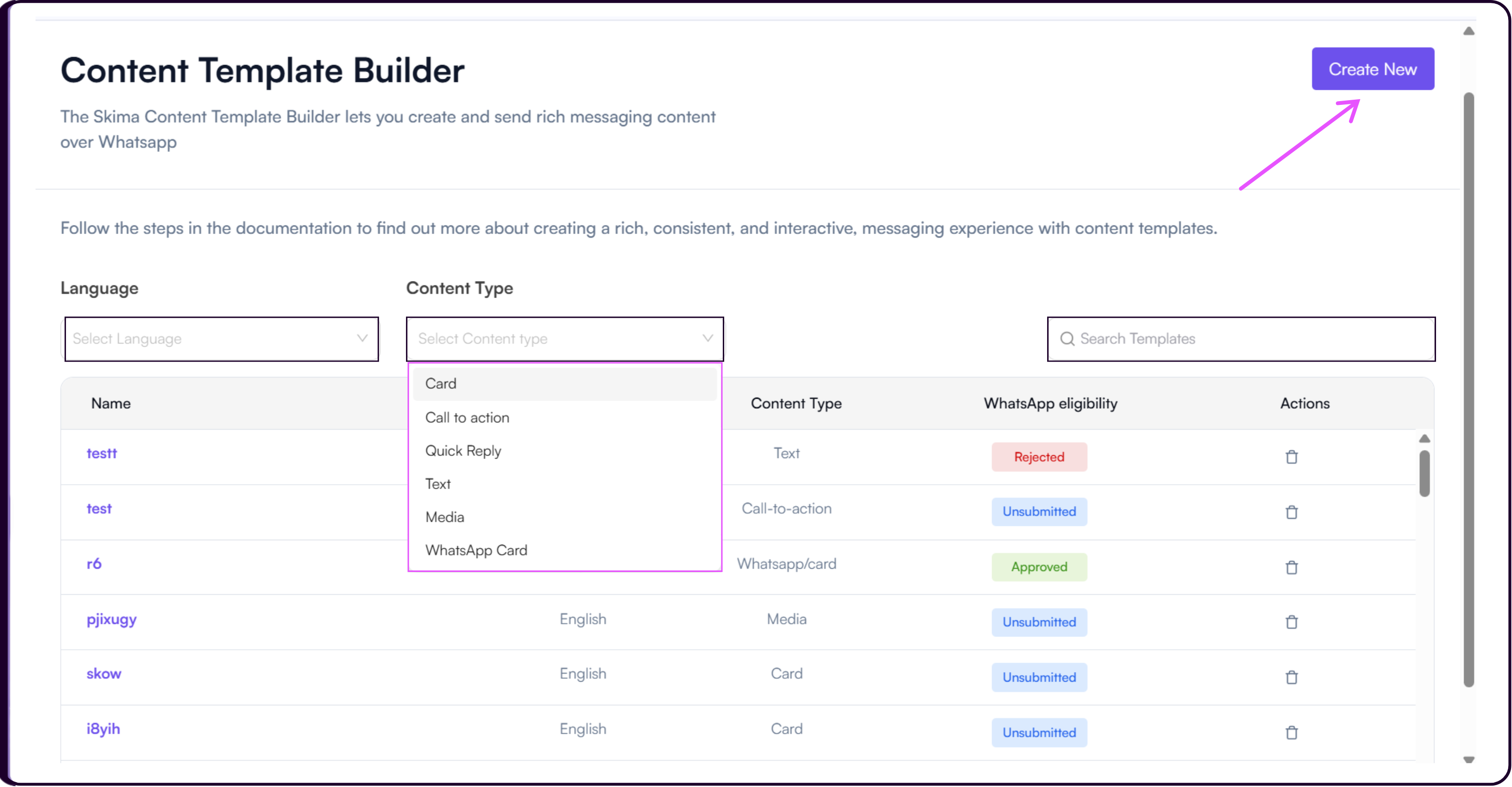 WhatsApp templates table showing template name, language, content type, eligibility status, and delete action column