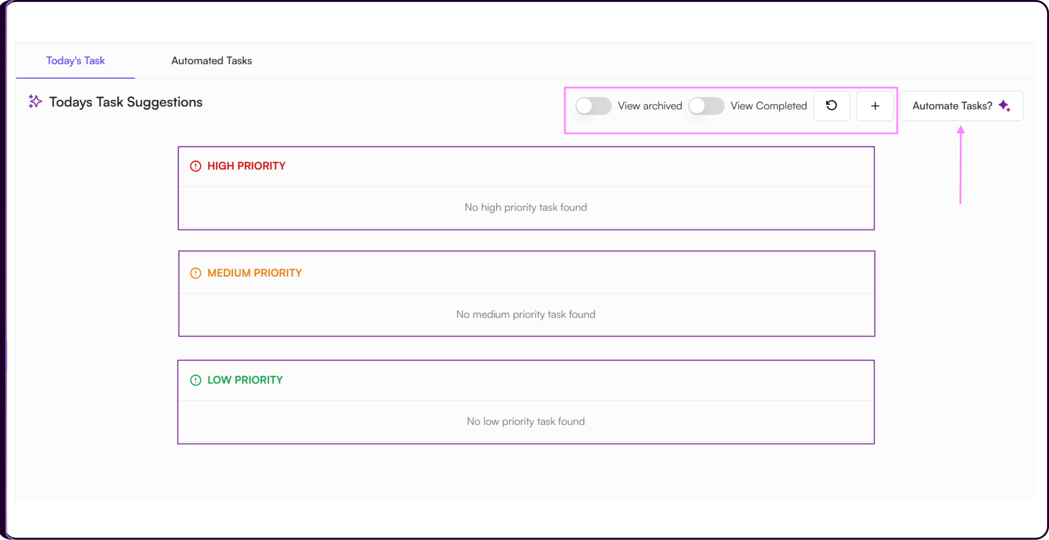 Today's Task tab header showing View Archived, View Completed, Refresh, add task, and Automate Tasks controls