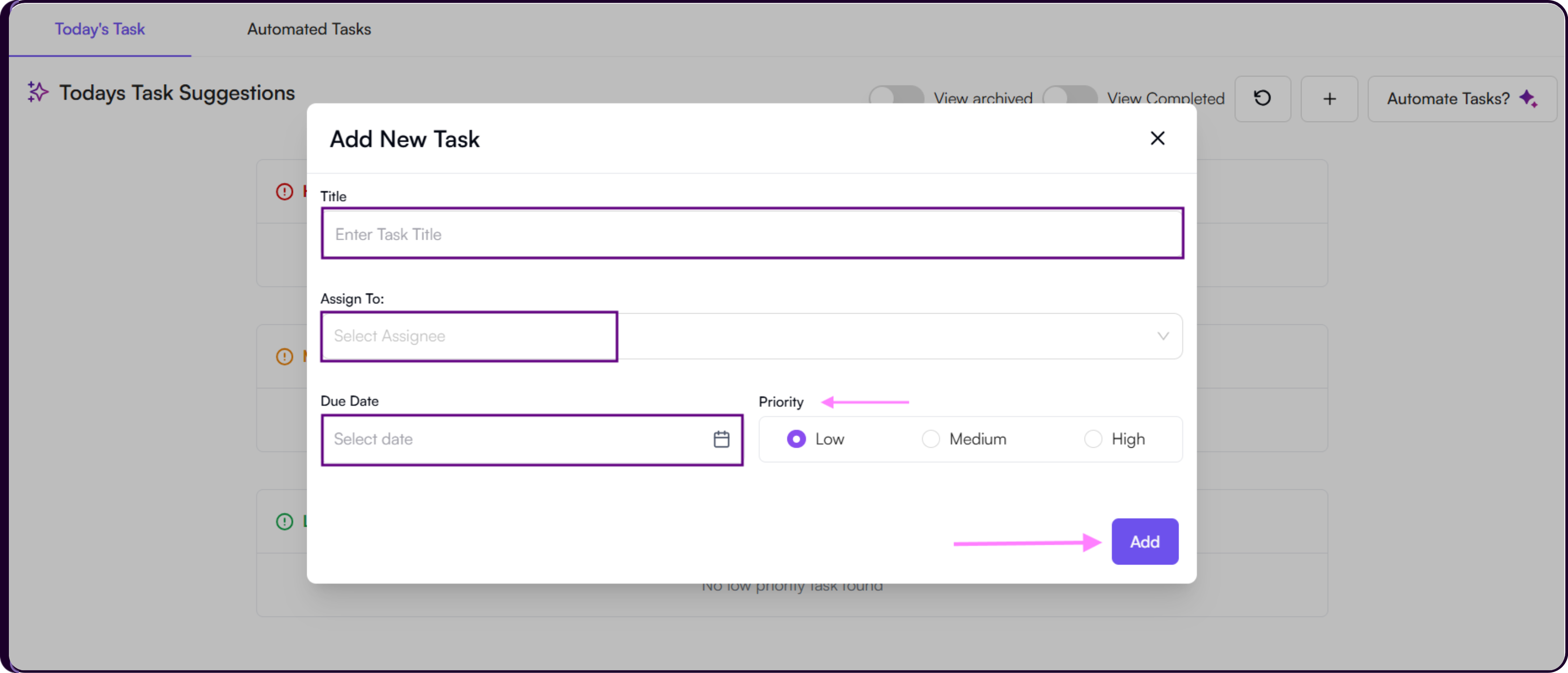 Add New Task modal with title, assign to, due date, and priority fields