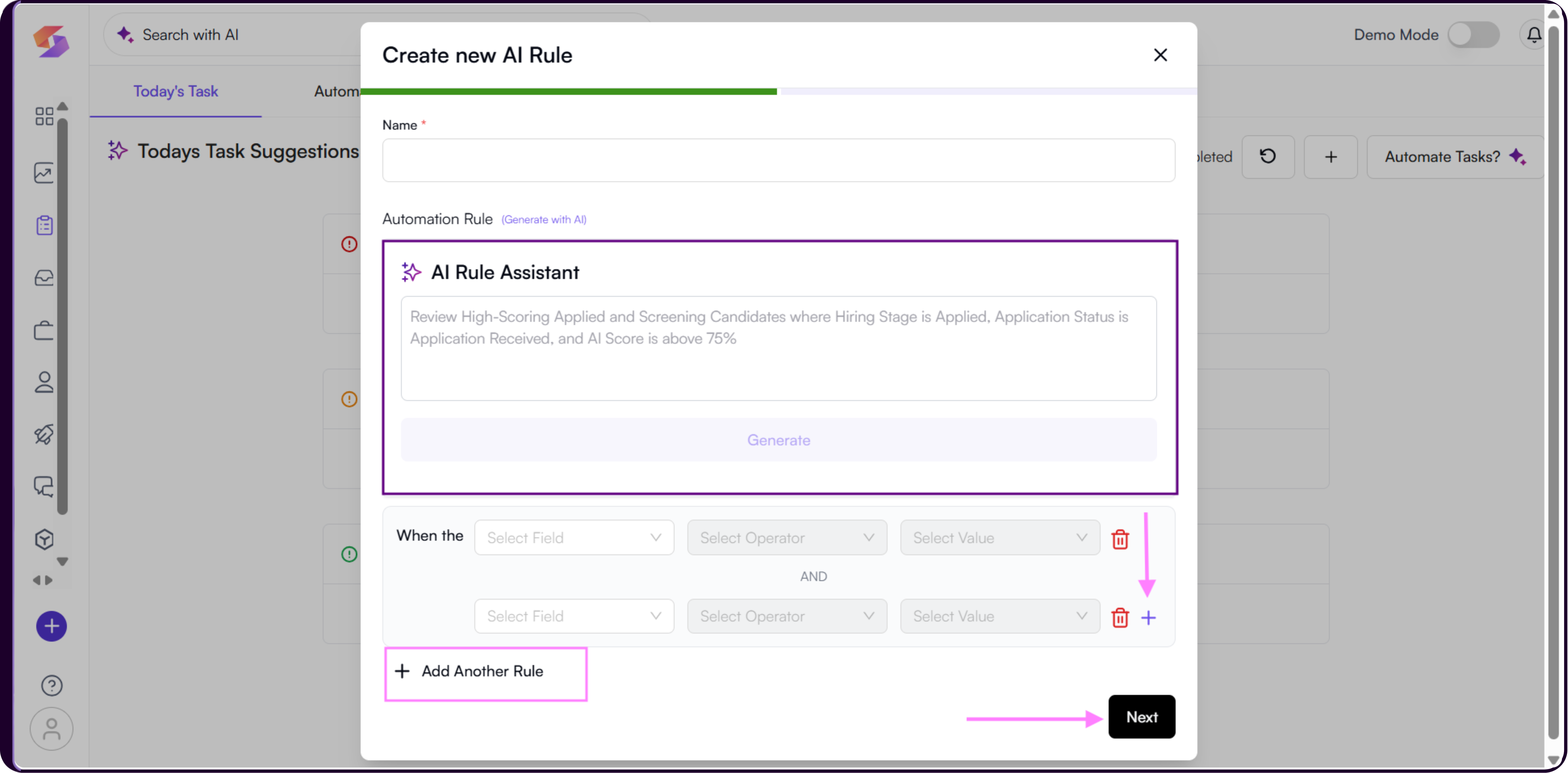 Create new AI Rule modal showing rule name field and trigger condition builder with field, operator, and value structure
