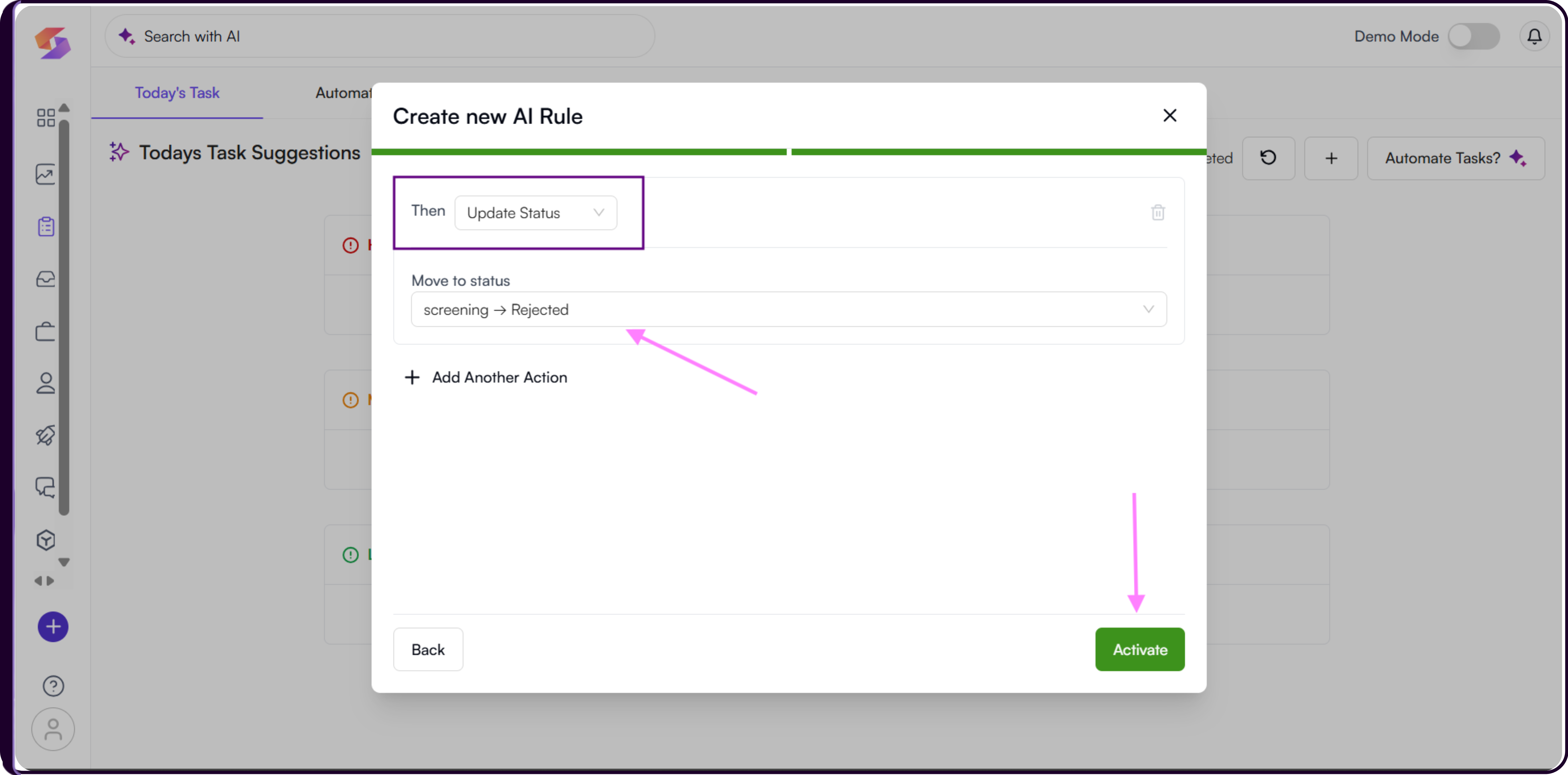 AI rule action configuration showing Send Email and Update Status options with email content editor and dynamic variable insertion